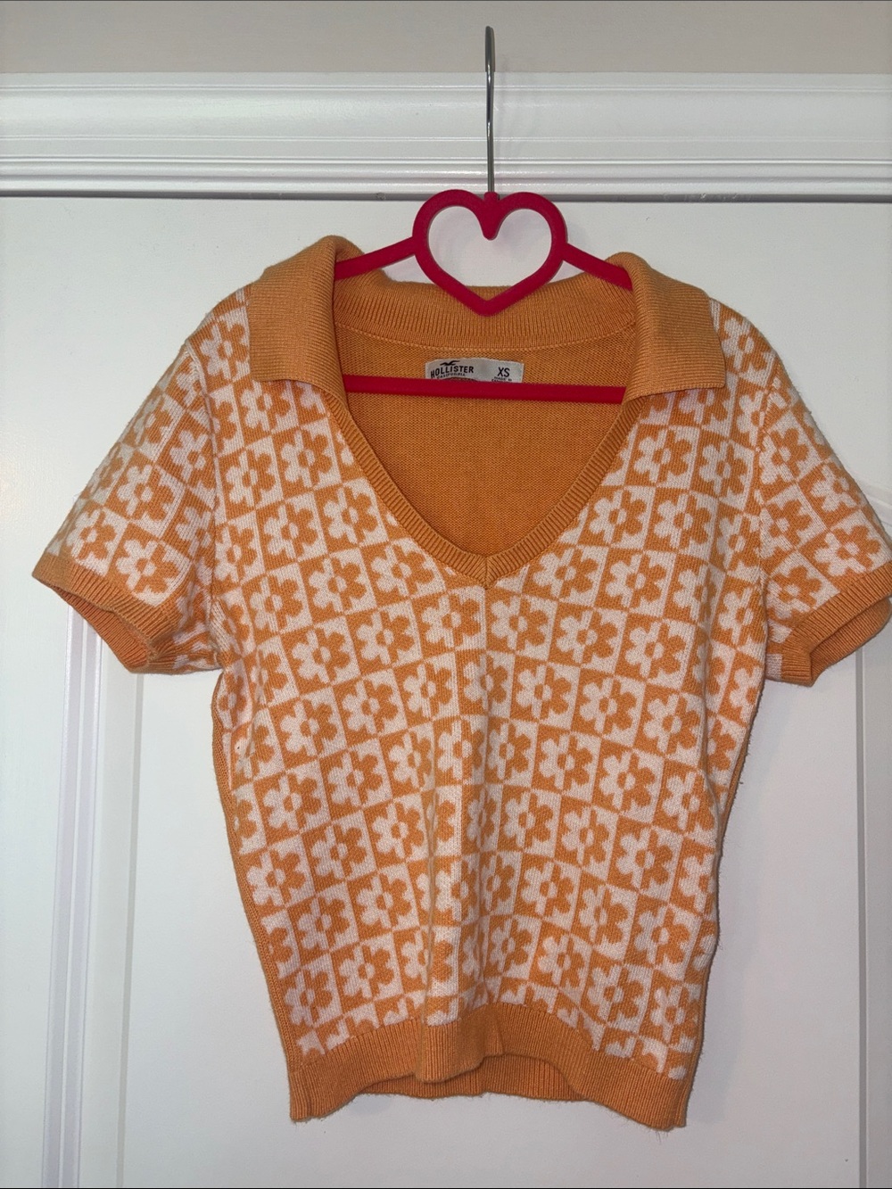Hollister Orange and White Floral Check Knit Polo